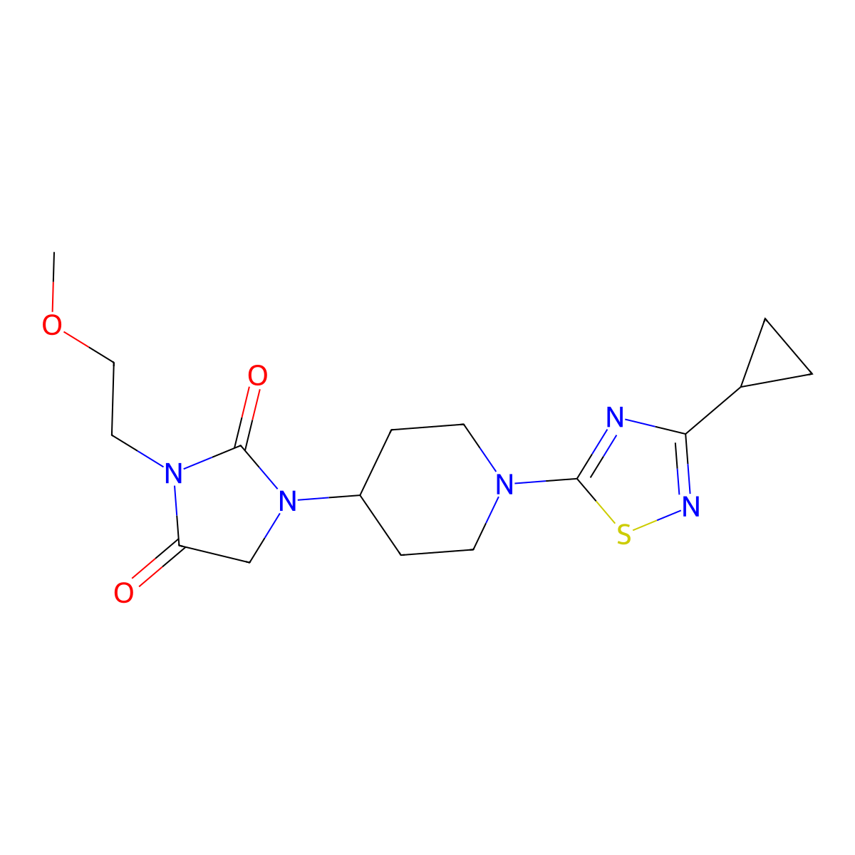 1-[1-(3-Cyclopropyl-1,2,4-thiadiazol-5-yl)piperidin-4-yl]-3-(2-methoxyethyl)imidazolidine-2,4-dione molecular structure, CAS 2742025-91-6