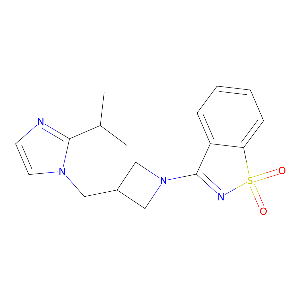 3-[3-[(2-Propan-2-ylimidazol-1-yl)methyl]azetidin-1-yl]-1,2-benzothiazole 1,1-dioxide molecular structure, CAS 2742026-01-1