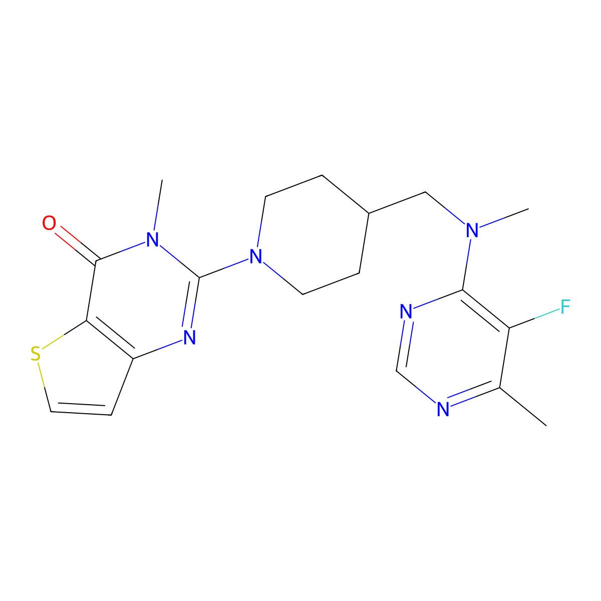 2-(4-{[(5-fluoro-6-methylpyrimidin-4-yl)(methyl)amino]methyl}piperidin-1-yl)-3-methyl-3H,4H-thieno[3,2-d]pyrimidin-4-one molecular structure, CAS 2742026-05-5