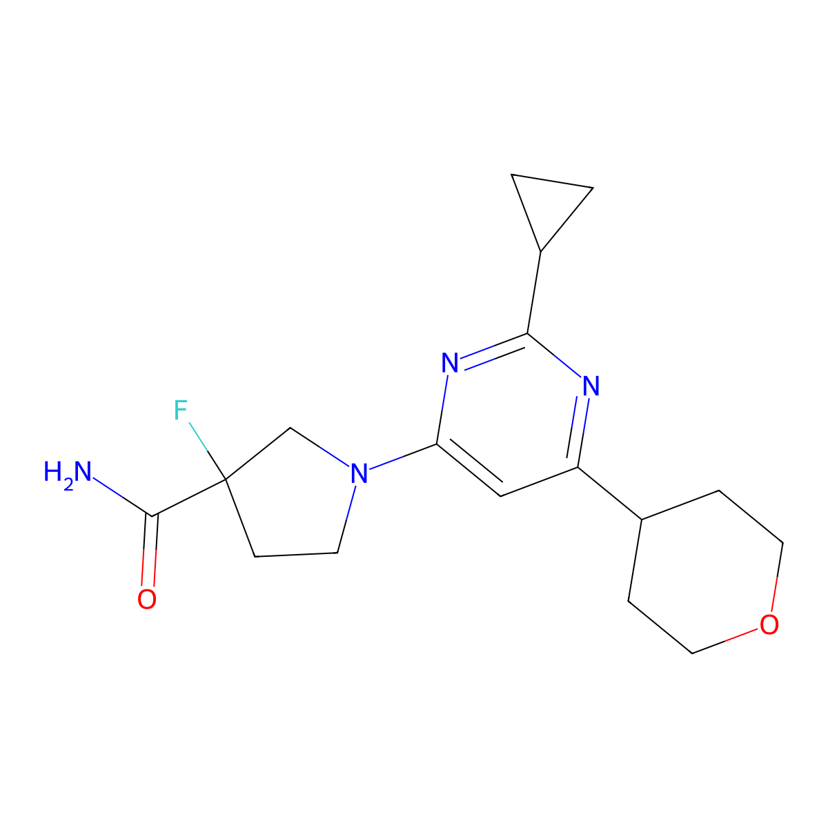 1-[2-Cyclopropyl-6-(oxan-4-yl)pyrimidin-4-yl]-3-fluoropyrrolidine-3-carboxamide molecular structure, CAS 2742026-18-0