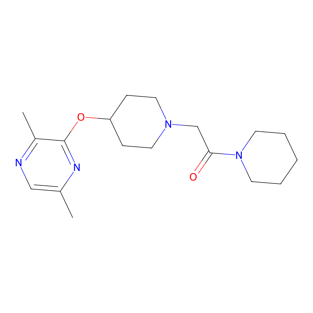 2-{4-[(3,6-Dimethylpyrazin-2-yl)oxy]piperidin-1-yl}-1-(piperidin-1-yl)ethan-1-one molecular structure, CAS 2742026-22-6