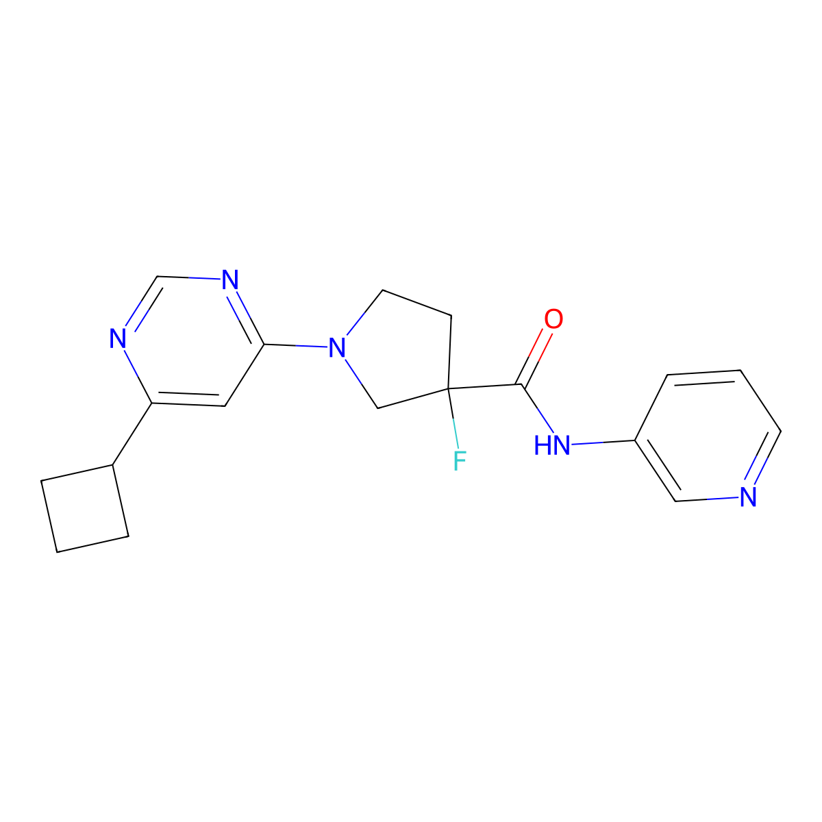1-(6-cyclobutylpyrimidin-4-yl)-3-fluoro-N-(pyridin-3-yl)pyrrolidine-3-carboxamide molecular structure, CAS 2742026-32-8