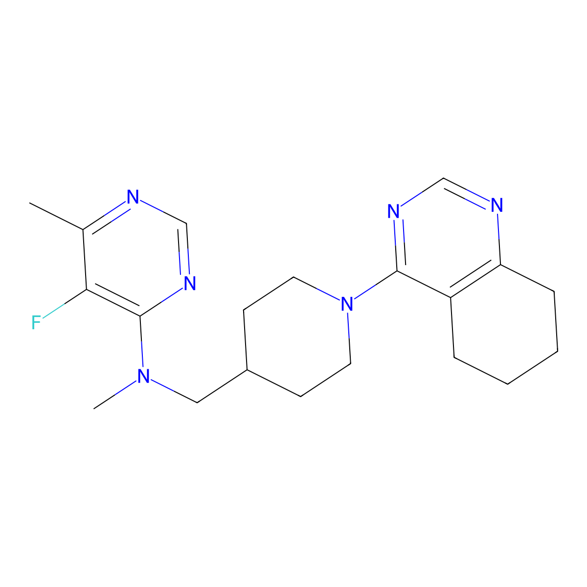 5-fluoro-N,6-dimethyl-N-{[1-(5,6,7,8-tetrahydroquinazolin-4-yl)piperidin-4-yl]methyl}pyrimidin-4-amine molecular structure, CAS 2742026-40-8