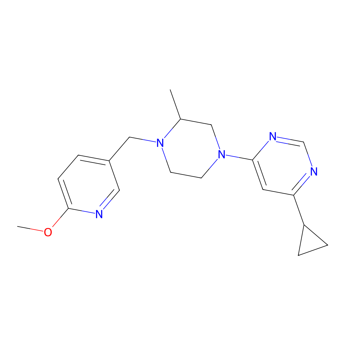 4-Cyclopropyl-6-{4-[(6-methoxypyridin-3-yl)methyl]-3-methylpiperazin-1-yl}pyrimidine molecular structure, CAS 2742026-42-0