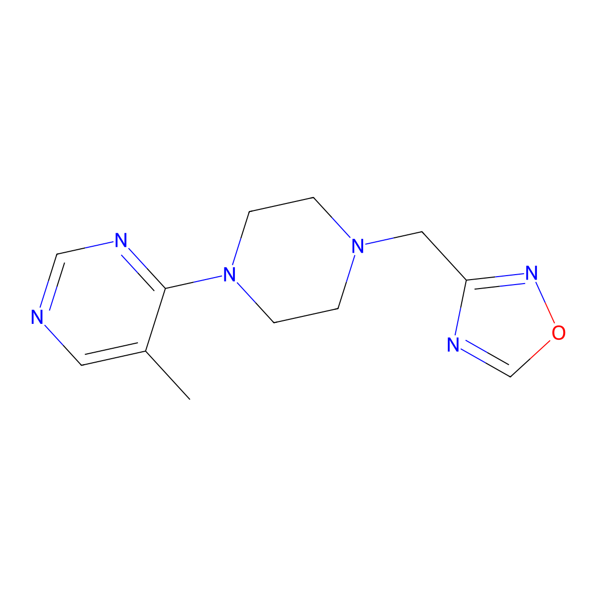 5-Methyl-4-{4-[(1,2,4-oxadiazol-3-yl)methyl]piperazin-1-yl}pyrimidine molecular structure, CAS 2742026-54-4