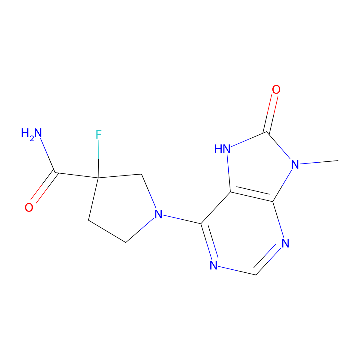 3-fluoro-1-(9-methyl-8-oxo-8,9-dihydro-7H-purin-6-yl)pyrrolidine-3-carboxamide molecular structure, CAS 2742026-58-8