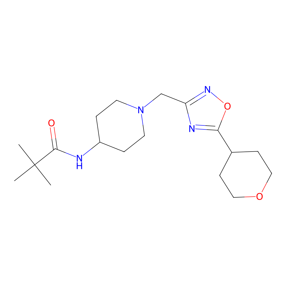 2,2-dimethyl-N-(1-{[5-(oxan-4-yl)-1,2,4-oxadiazol-3-yl]methyl}piperidin-4-yl)propanamide molecular structure, CAS 2742026-65-7