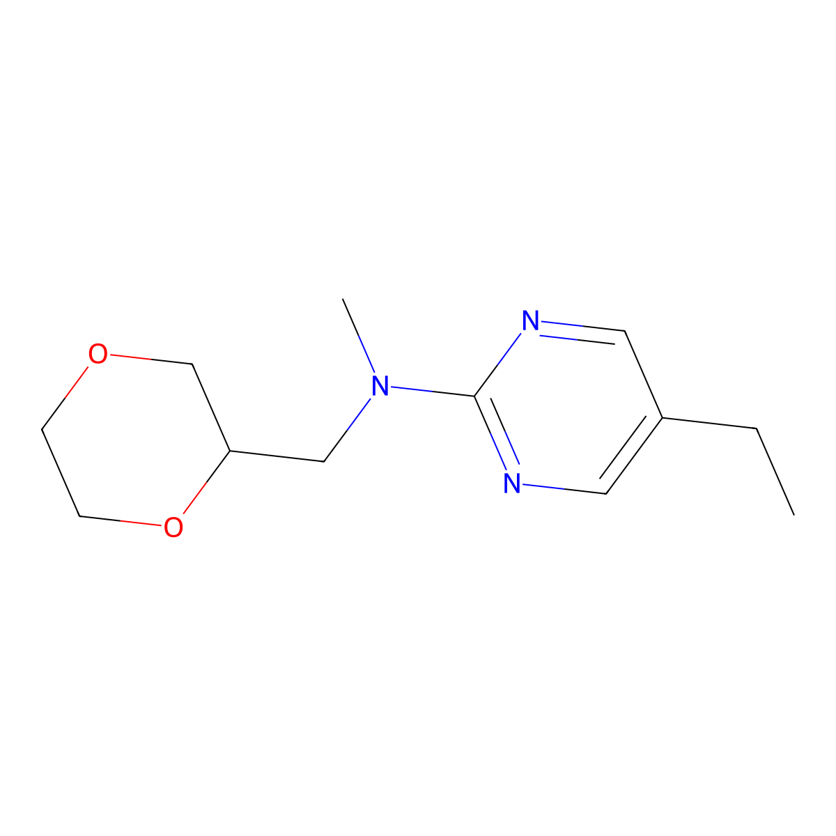 N-[(1,4-dioxan-2-yl)methyl]-5-ethyl-N-methylpyrimidin-2-amine molecular structure, CAS 2742026-74-8