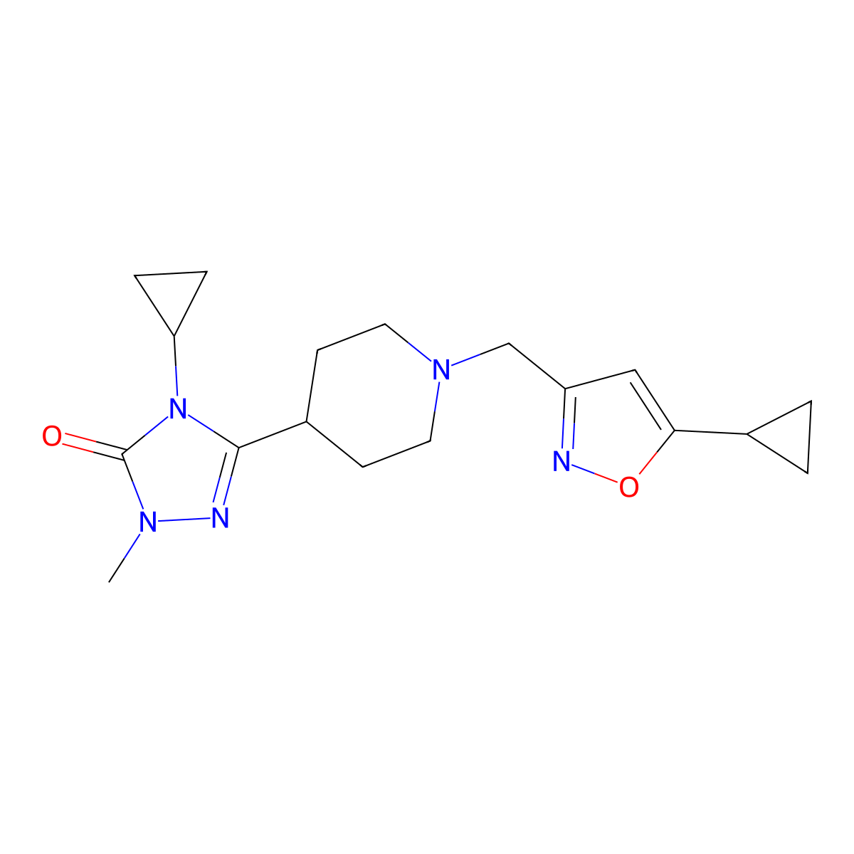 4-cyclopropyl-3-{1-[(5-cyclopropyl-1,2-oxazol-3-yl)methyl]piperidin-4-yl}-1-methyl-4,5-dihydro-1H-1,2,4-triazol-5-one molecular structure, CAS 2742026-75-9
