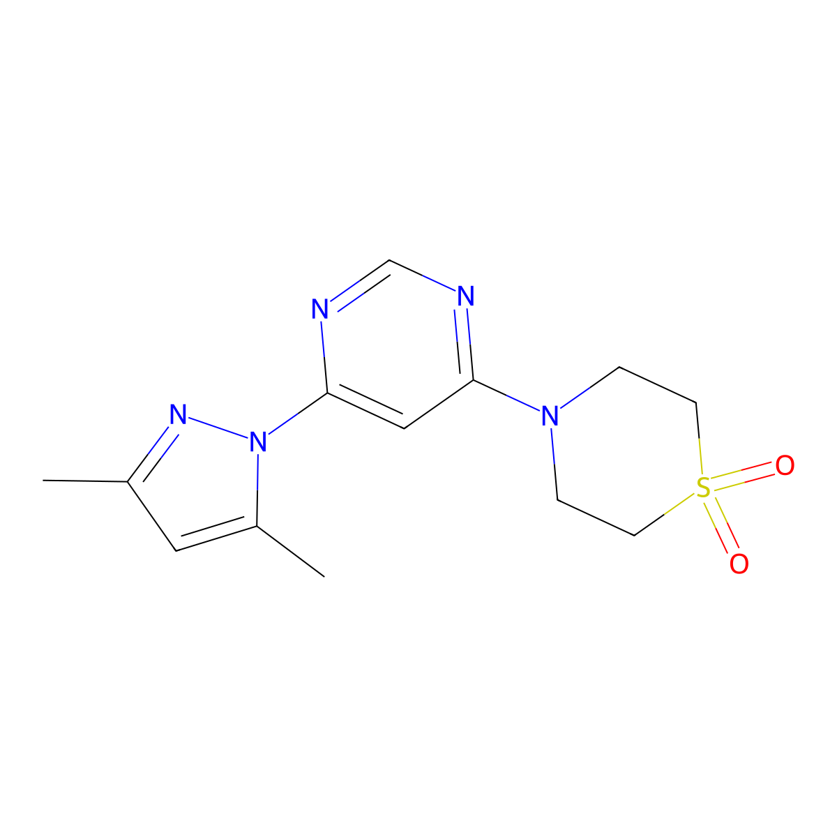 4-[6-(3,5-Dimethylpyrazol-1-yl)pyrimidin-4-yl]-1,4-thiazinane 1,1-dioxide molecular structure, CAS 2742026-77-1
