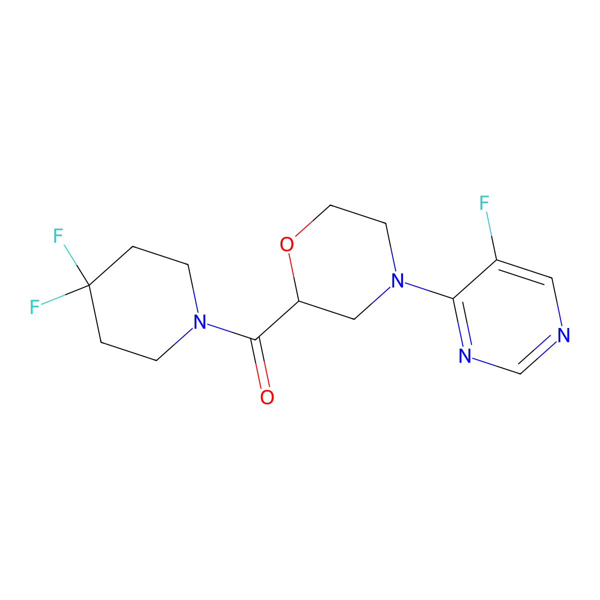 2-(4,4-Difluoropiperidine-1-carbonyl)-4-(5-fluoropyrimidin-4-yl)morpholine molecular structure, CAS 2742026-79-3