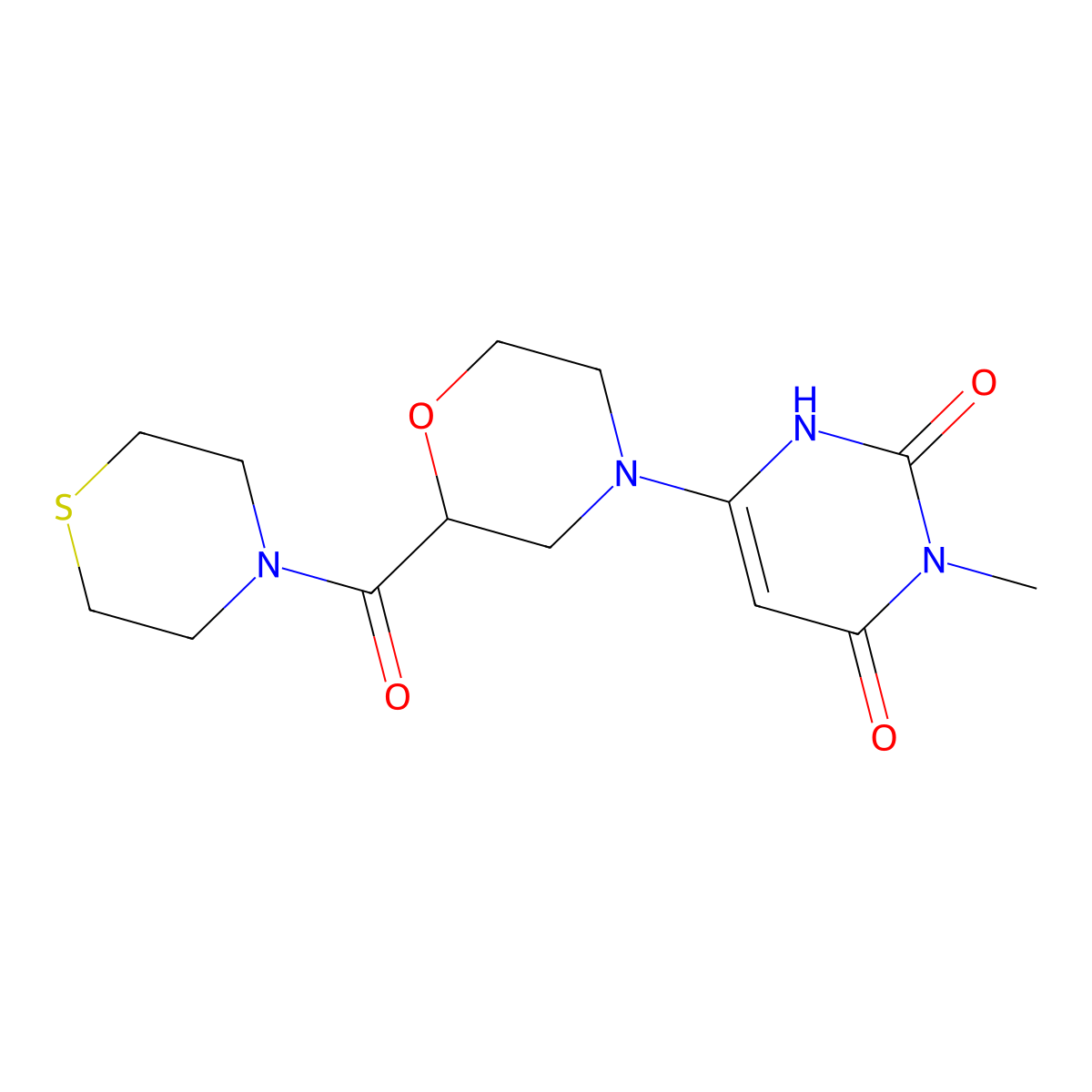 3-Methyl-6-[2-(thiomorpholine-4-carbonyl)morpholin-4-yl]-1,2,3,4-tetrahydropyrimidine-2,4-dione molecular structure, CAS 2742026-86-2