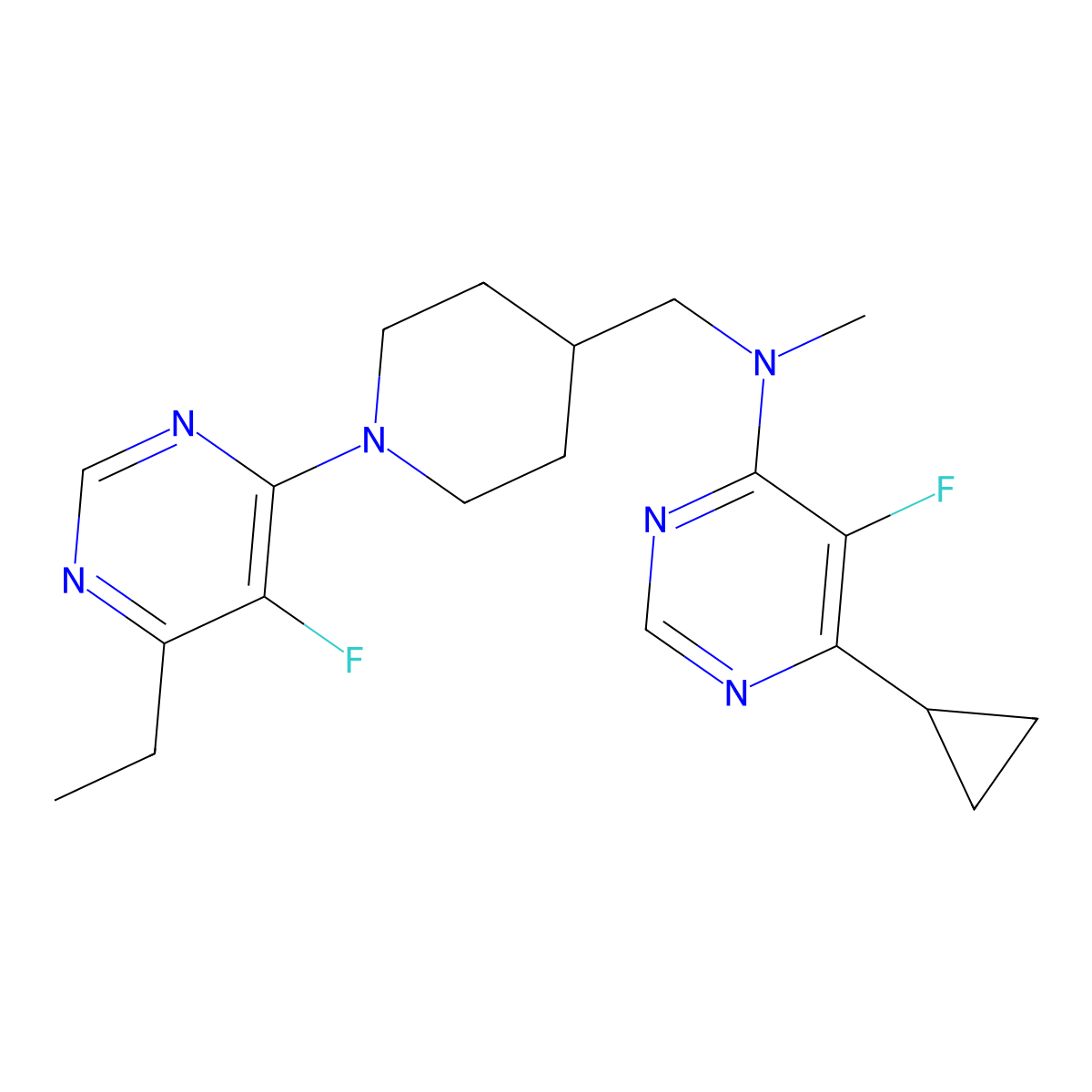 6-cyclopropyl-N-{[1-(6-ethyl-5-fluoropyrimidin-4-yl)piperidin-4-yl]methyl}-5-fluoro-N-methylpyrimidin-4-amine molecular structure, CAS 2742026-87-3