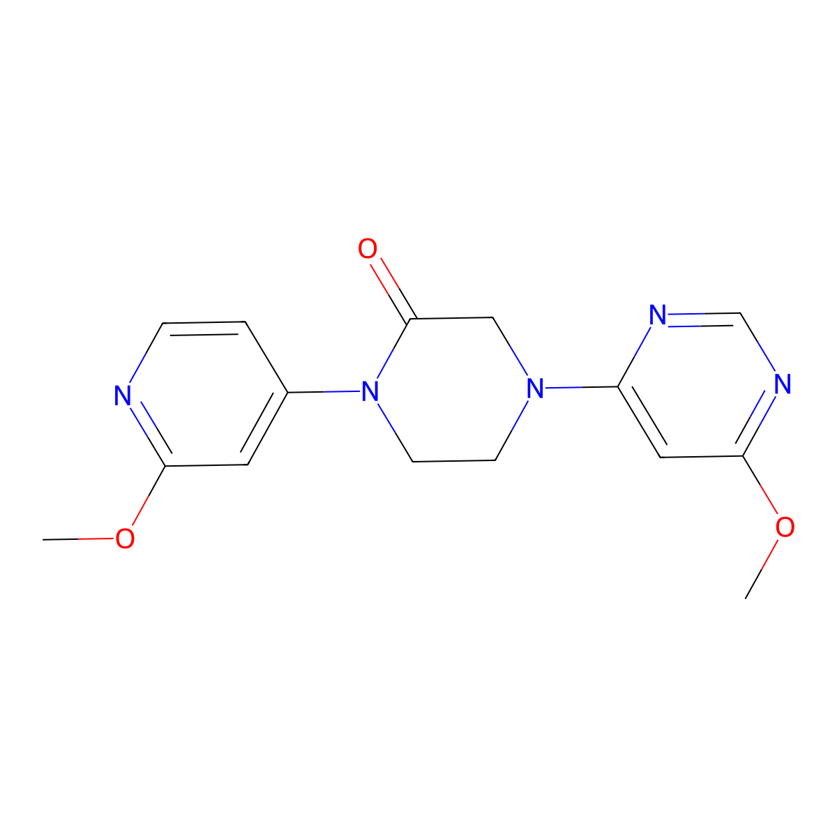 1-(2-Methoxypyridin-4-yl)-4-(6-methoxypyrimidin-4-yl)piperazin-2-one molecular structure, CAS 2742026-90-8