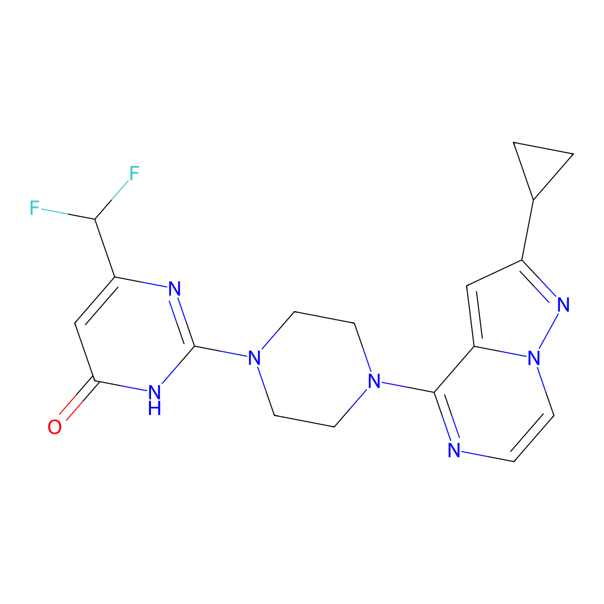 2-(4-{2-Cyclopropylpyrazolo[1,5-a]pyrazin-4-yl}piperazin-1-yl)-6-(difluoromethyl)-3,4-dihydropyrimidin-4-one molecular structure, CAS 2742026-98-6