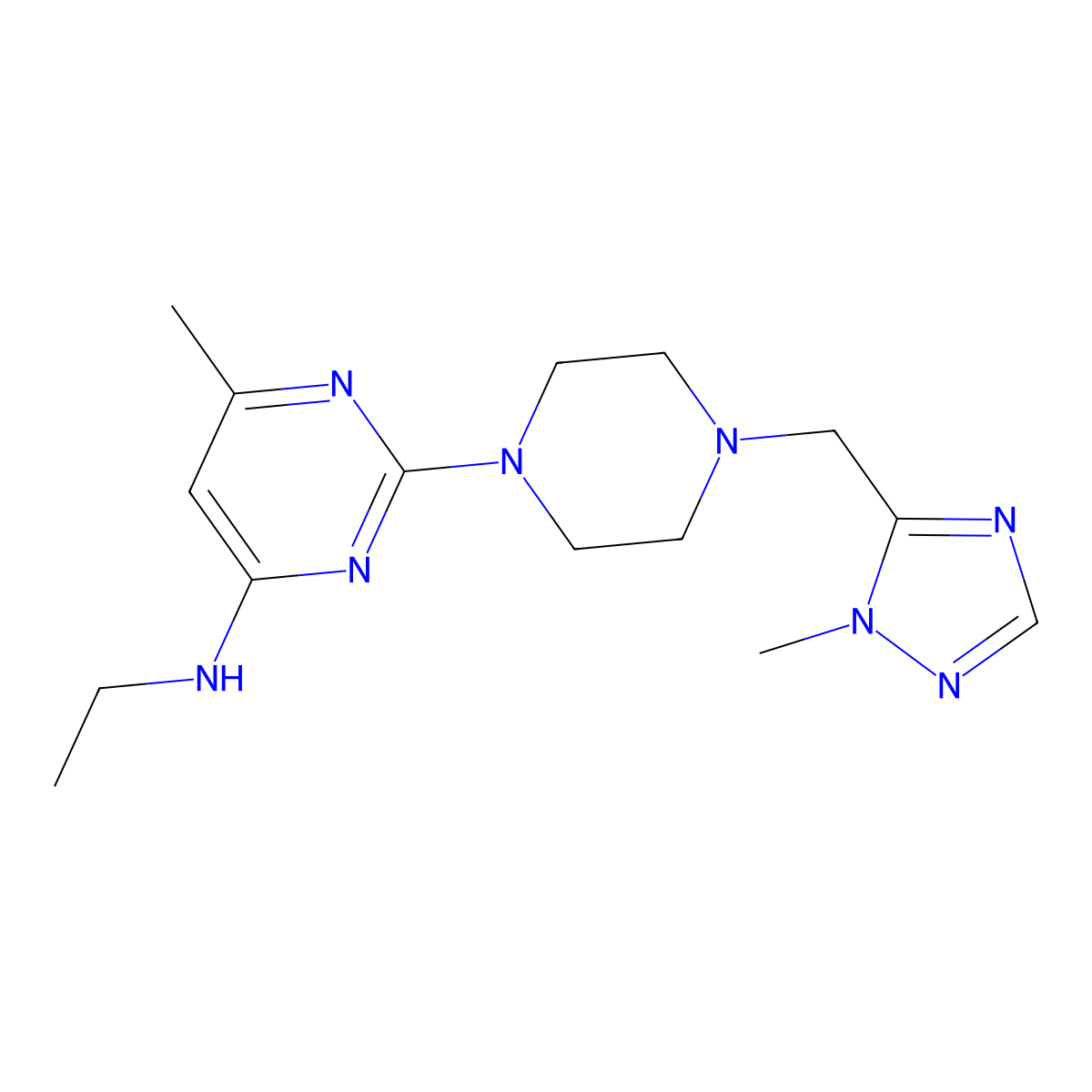 N-ethyl-6-methyl-2-{4-[(1-methyl-1H-1,2,4-triazol-5-yl)methyl]piperazin-1-yl}pyrimidin-4-amine molecular structure, CAS 2742027-00-3