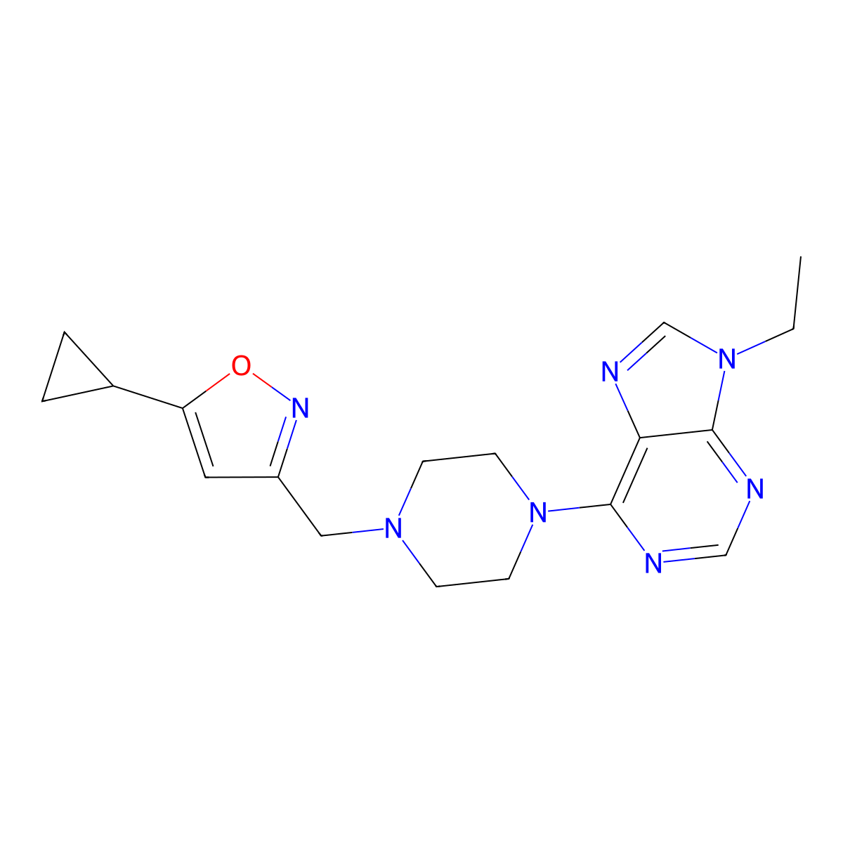 6-{4-[(5-cyclopropyl-1,2-oxazol-3-yl)methyl]piperazin-1-yl}-9-ethyl-9H-purine molecular structure, CAS 2742027-06-9