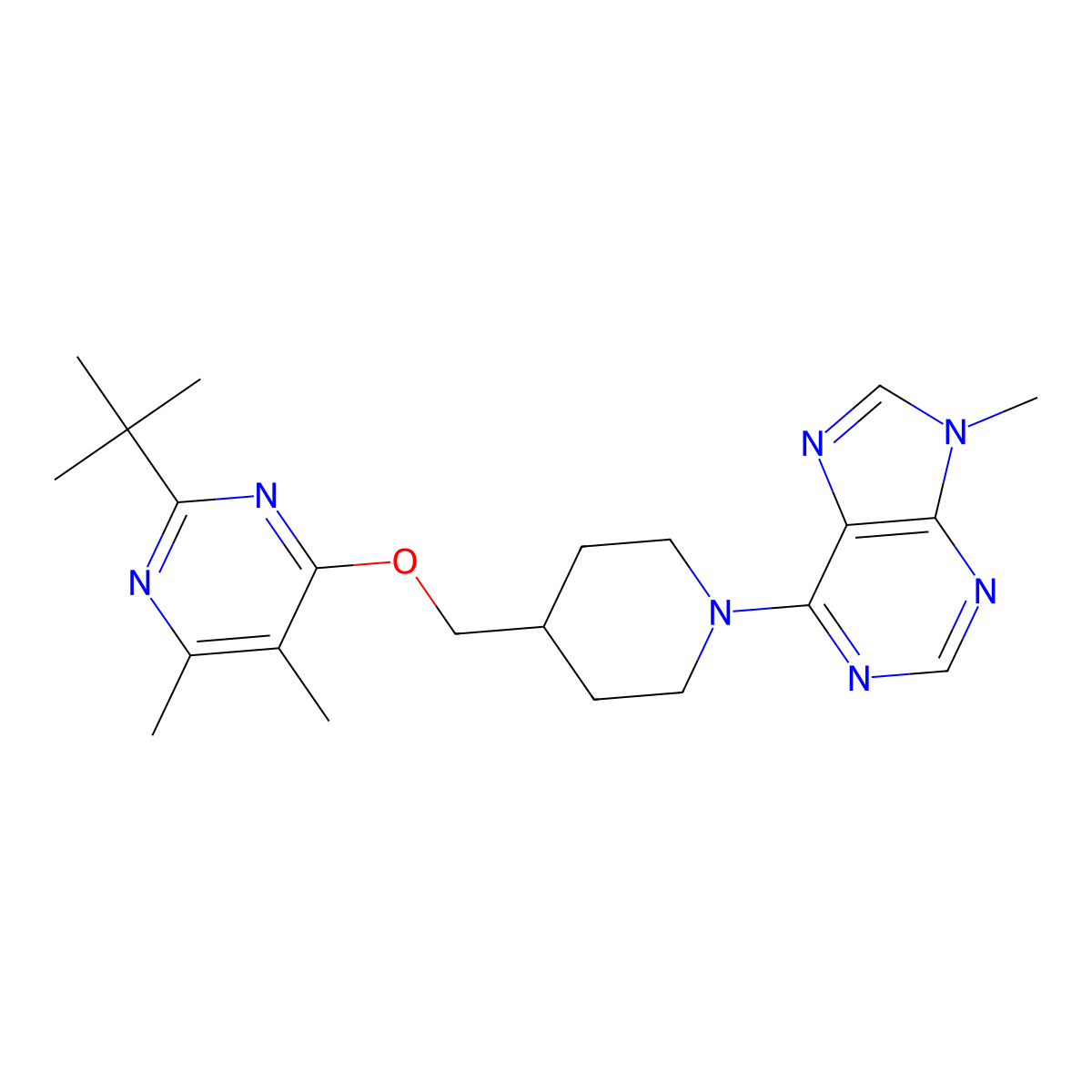 6-(4-{[(2-tert-butyl-5,6-dimethylpyrimidin-4-yl)oxy]methyl}piperidin-1-yl)-9-methyl-9H-purine molecular structure, CAS 2742027-07-0