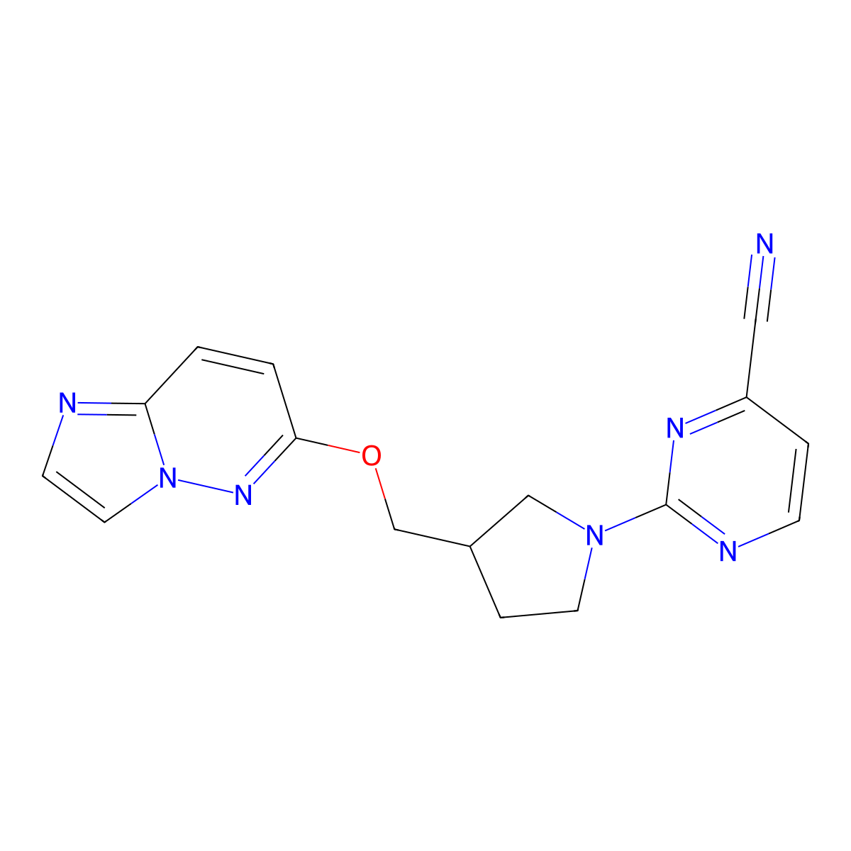 2-[3-({Imidazo[1,2-b]pyridazin-6-yloxy}methyl)pyrrolidin-1-yl]pyrimidine-4-carbonitrile molecular structure, CAS 2742027-10-5