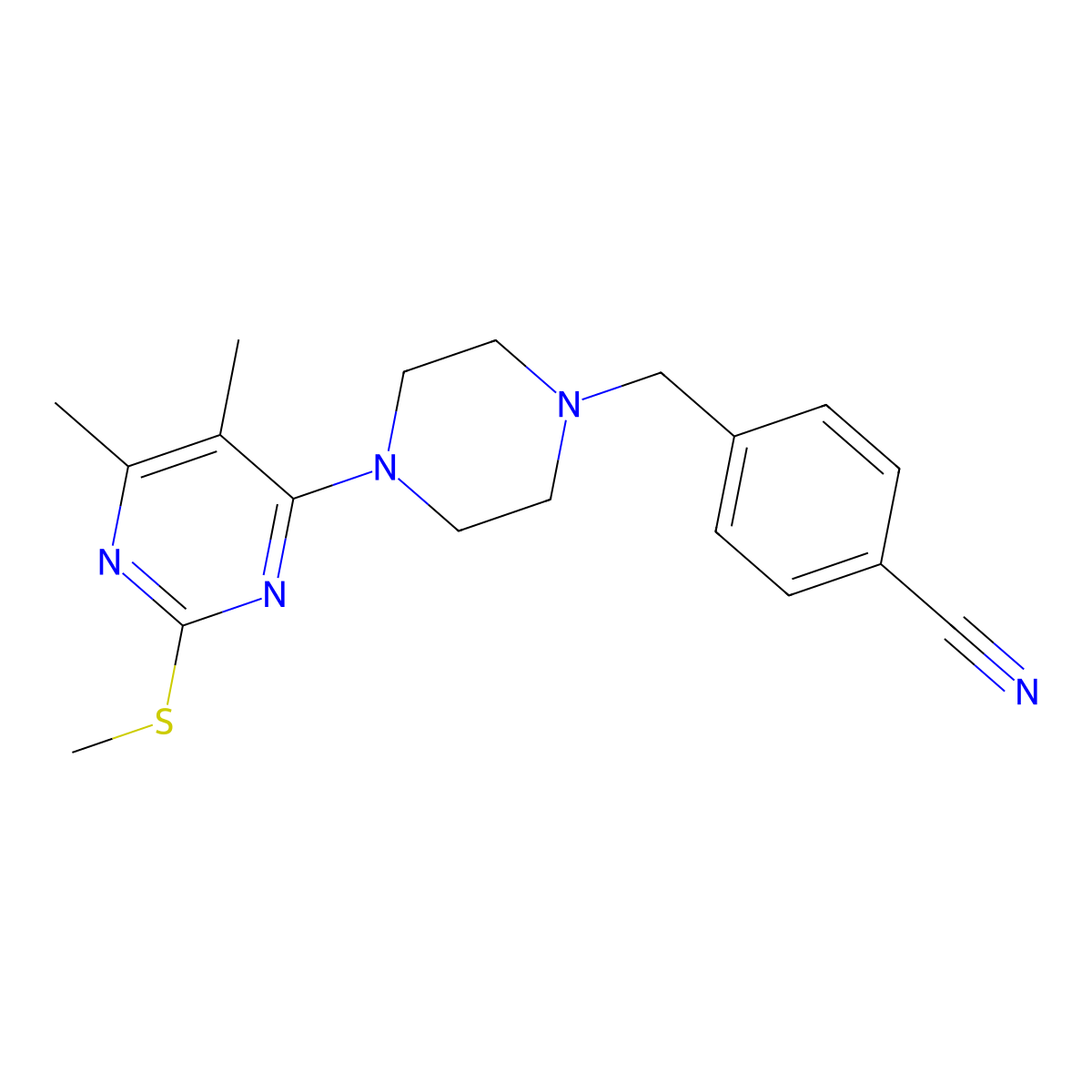 4-({4-[5,6-Dimethyl-2-(methylsulfanyl)pyrimidin-4-yl]piperazin-1-yl}methyl)benzonitrile molecular structure, CAS 2742027-11-6