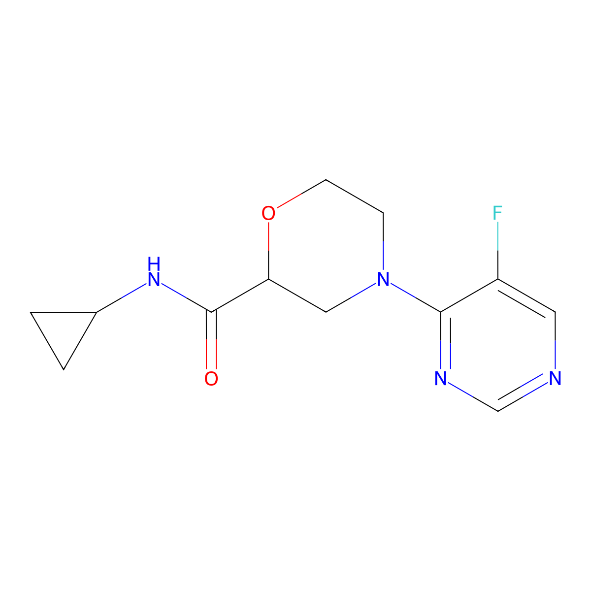 N-cyclopropyl-4-(5-fluoropyrimidin-4-yl)morpholine-2-carboxamide molecular structure, CAS 2742027-13-8
