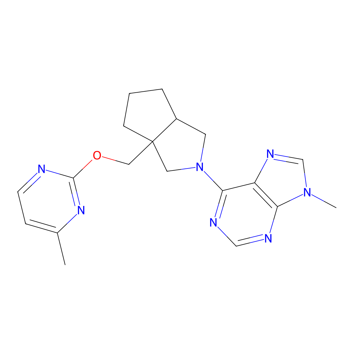 6-(3a-{[(4-methylpyrimidin-2-yl)oxy]methyl}-octahydrocyclopenta[c]pyrrol-2-yl)-9-methyl-9H-purine molecular structure, CAS 2742027-14-9