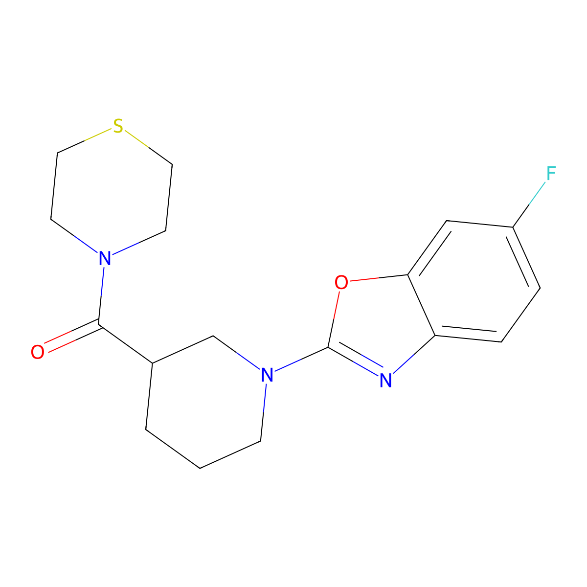 6-Fluoro-2-[3-(thiomorpholine-4-carbonyl)piperidin-1-yl]-1,3-benzoxazole molecular structure, CAS 2742027-28-5