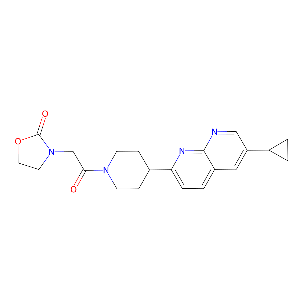 3-{2-[4-(6-Cyclopropyl-1,8-naphthyridin-2-yl)piperidin-1-yl]-2-oxoethyl}-1,3-oxazolidin-2-one molecular structure, CAS 2742027-30-9