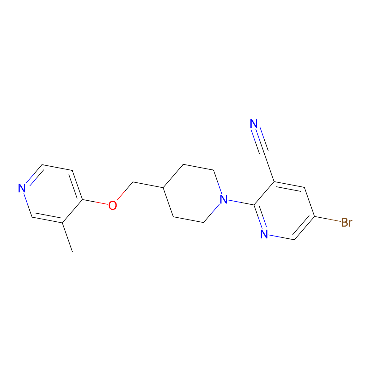 5-Bromo-2-(4-{[(3-methylpyridin-4-yl)oxy]methyl}piperidin-1-yl)pyridine-3-carbonitrile molecular structure, CAS 2742027-32-1