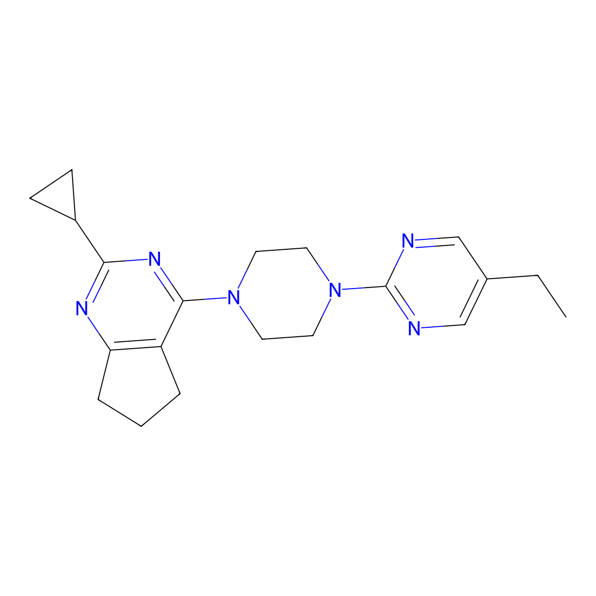 2-(4-{2-cyclopropyl-5H,6H,7H-cyclopenta[d]pyrimidin-4-yl}piperazin-1-yl)-5-ethylpyrimidine molecular structure, CAS 2742027-35-4