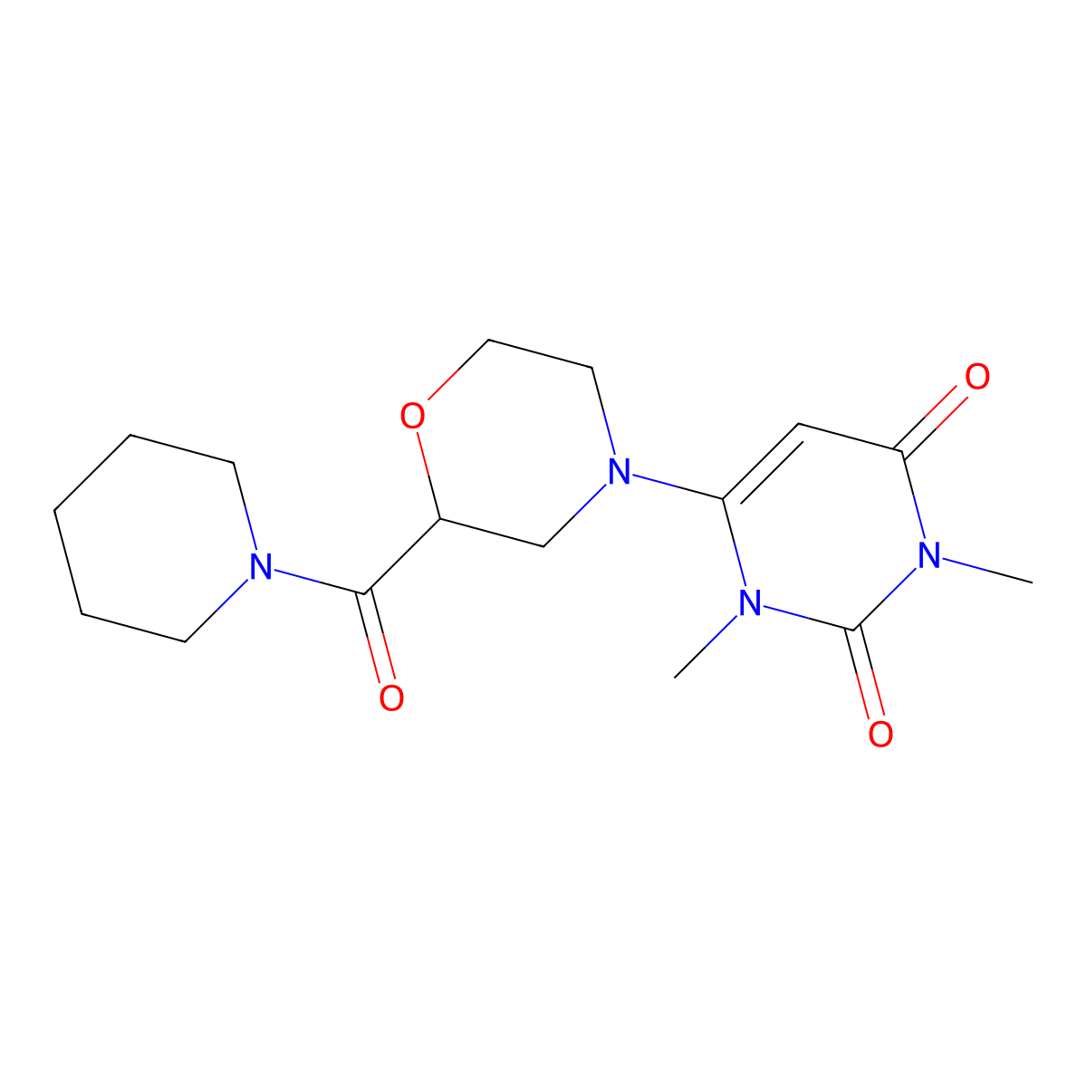 1,3-Dimethyl-6-[2-(piperidine-1-carbonyl)morpholin-4-yl]-1,2,3,4-tetrahydropyrimidine-2,4-dione molecular structure, CAS 2742027-38-7