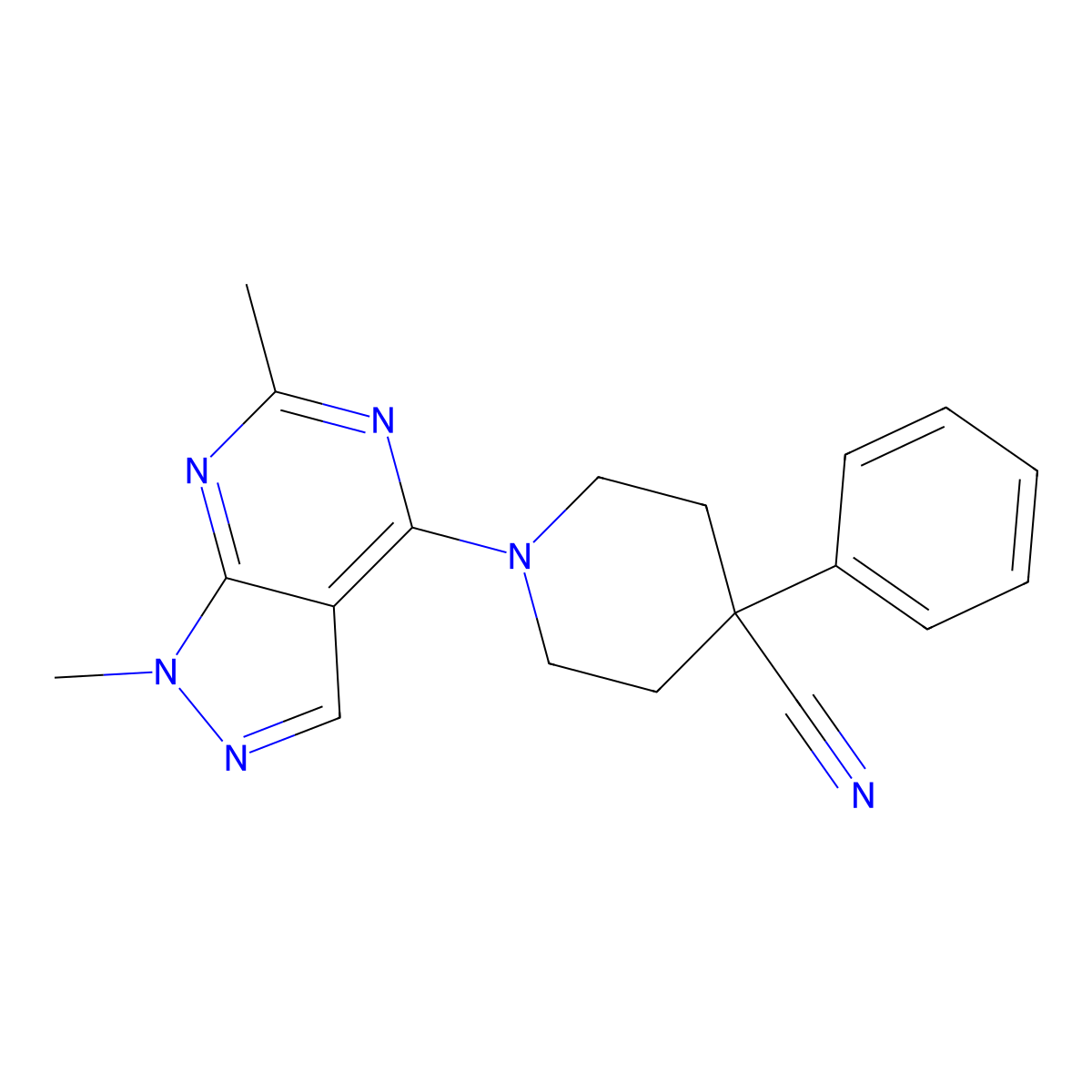 1-{1,6-dimethyl-1H-pyrazolo[3,4-d]pyrimidin-4-yl}-4-phenylpiperidine-4-carbonitrile molecular structure, CAS 2742027-48-9