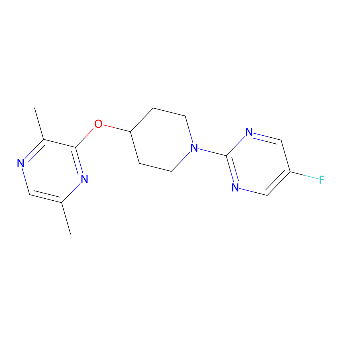 3-{[1-(5-Fluoropyrimidin-2-yl)piperidin-4-yl]oxy}-2,5-dimethylpyrazine molecular structure, CAS 2742027-50-3