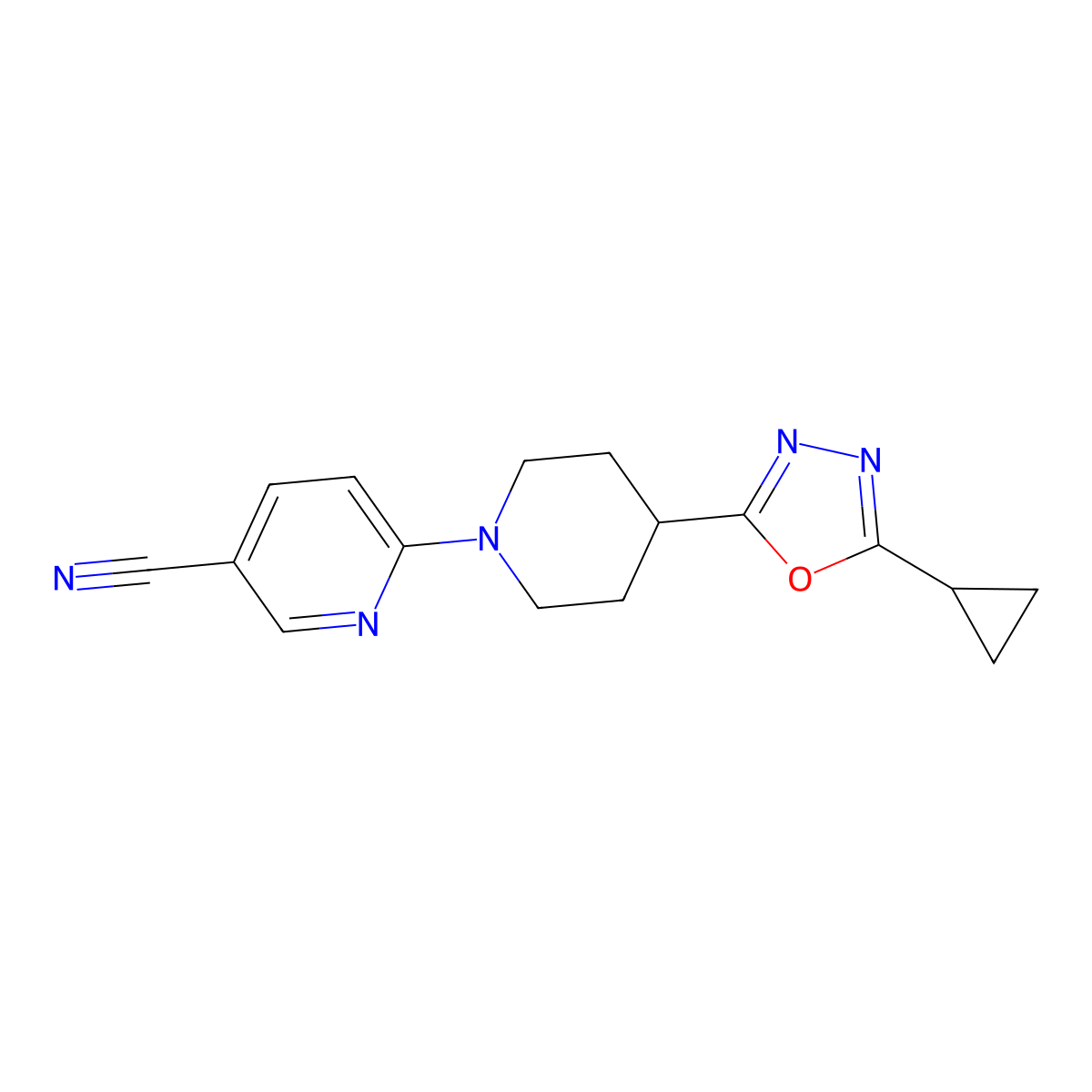 6-[4-(5-Cyclopropyl-1,3,4-oxadiazol-2-yl)piperidin-1-yl]pyridine-3-carbonitrile molecular structure, CAS 2742027-55-8