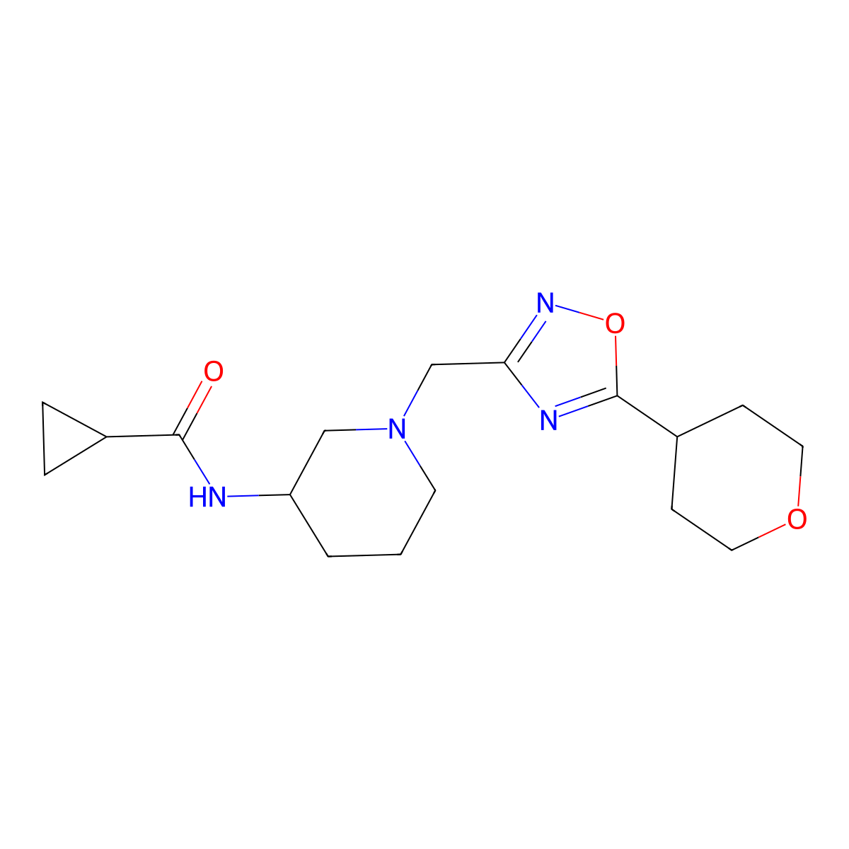 N-(1-{[5-(oxan-4-yl)-1,2,4-oxadiazol-3-yl]methyl}piperidin-3-yl)cyclopropanecarboxamide molecular structure, CAS 2742027-58-1