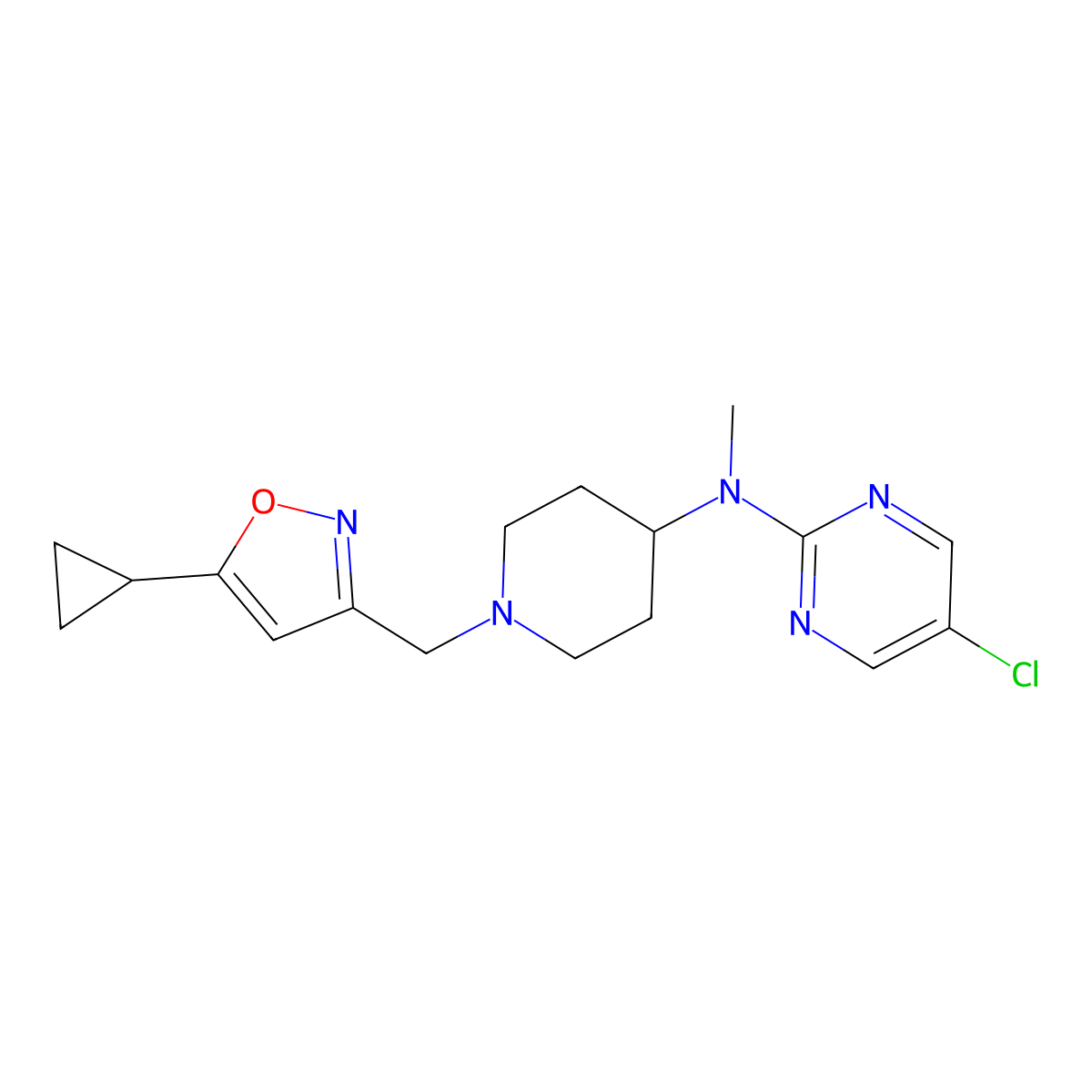 5-chloro-N-{1-[(5-cyclopropyl-1,2-oxazol-3-yl)methyl]piperidin-4-yl}-N-methylpyrimidin-2-amine molecular structure, CAS 2742027-72-9