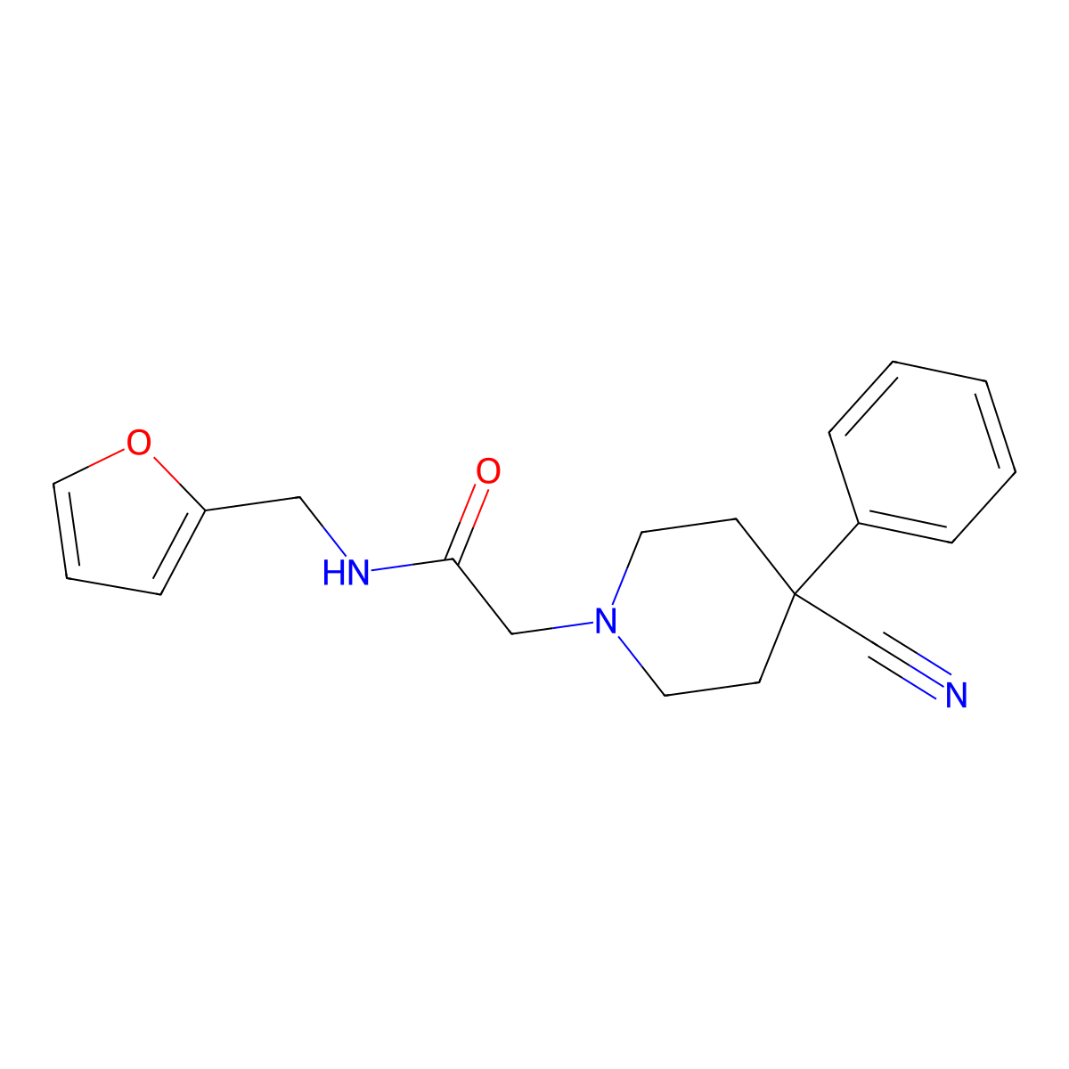 2-(4-cyano-4-phenylpiperidin-1-yl)-N-[(furan-2-yl)methyl]acetamide molecular structure, CAS 2742027-81-0