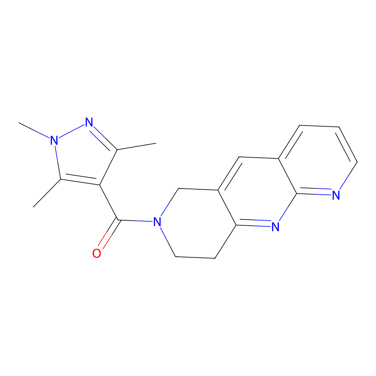 1,3,5-trimethyl-4-{6H,7H,8H,9H-pyrido[2,3-b]1,6-naphthyridine-7-carbonyl}-1H-pyrazole molecular structure, CAS 2742027-85-4