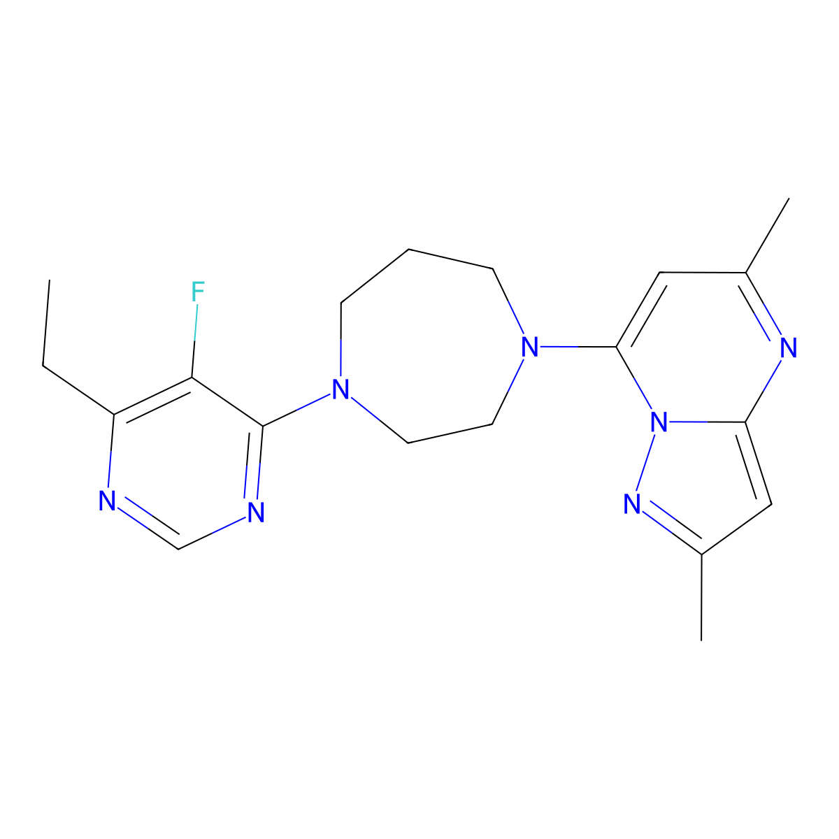 1-{2,5-Dimethylpyrazolo[1,5-a]pyrimidin-7-yl}-4-(6-ethyl-5-fluoropyrimidin-4-yl)-1,4-diazepane molecular structure, CAS 2742027-96-7