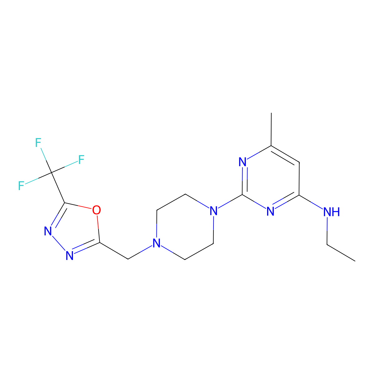 N-ethyl-6-methyl-2-(4-{[5-(trifluoromethyl)-1,3,4-oxadiazol-2-yl]methyl}piperazin-1-yl)pyrimidin-4-amine molecular structure, CAS 2742027-97-8