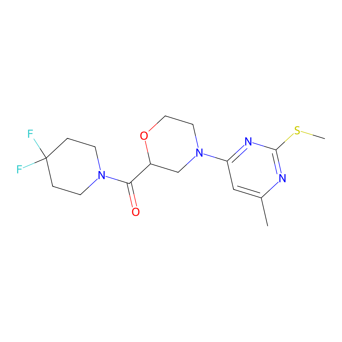 2-(4,4-Difluoropiperidine-1-carbonyl)-4-[6-methyl-2-(methylsulfanyl)pyrimidin-4-yl]morpholine molecular structure, CAS 2742028-04-0