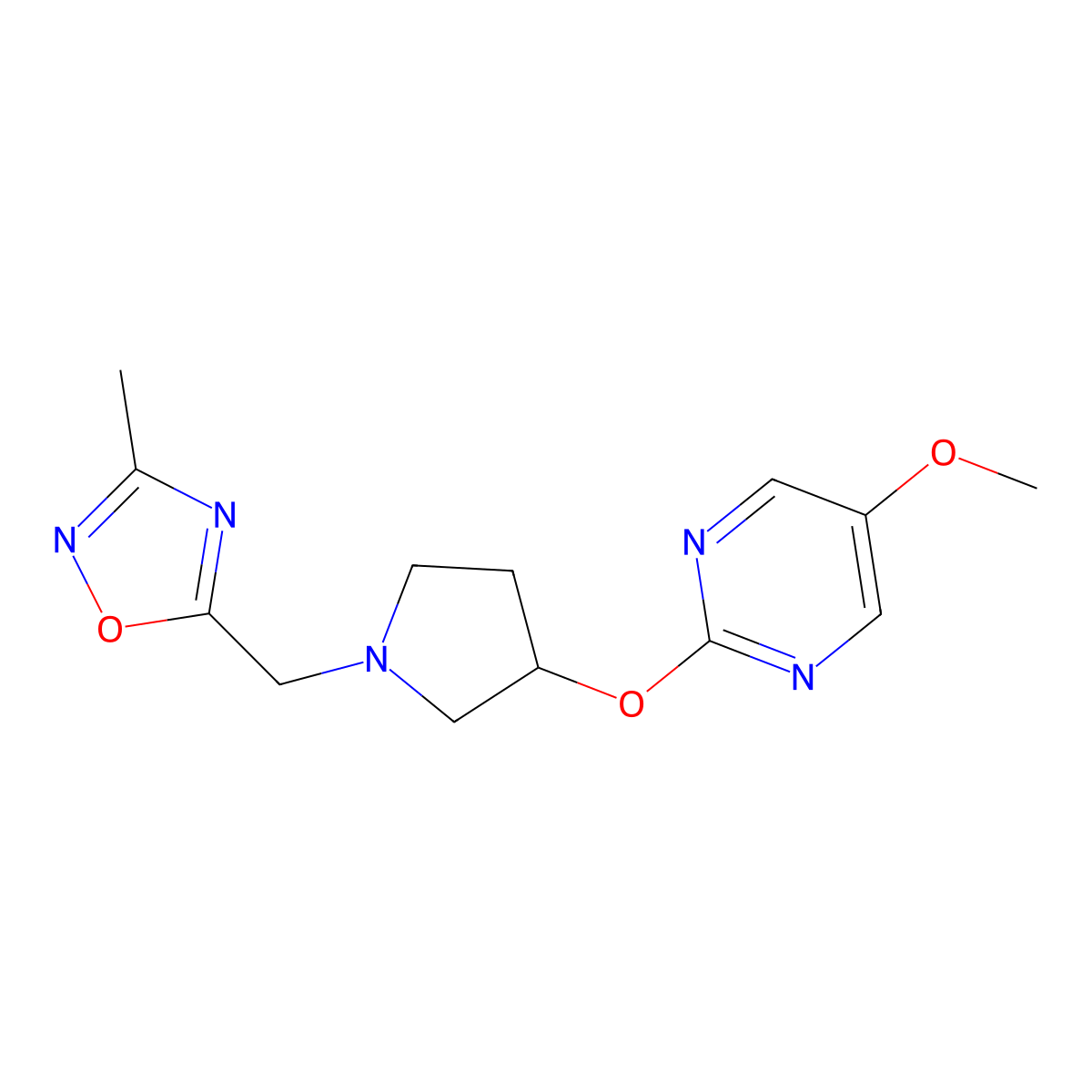 5-[[3-(5-Methoxypyrimidin-2-yl)oxypyrrolidin-1-yl]methyl]-3-methyl-1,2,4-oxadiazole molecular structure, CAS 2742028-14-2