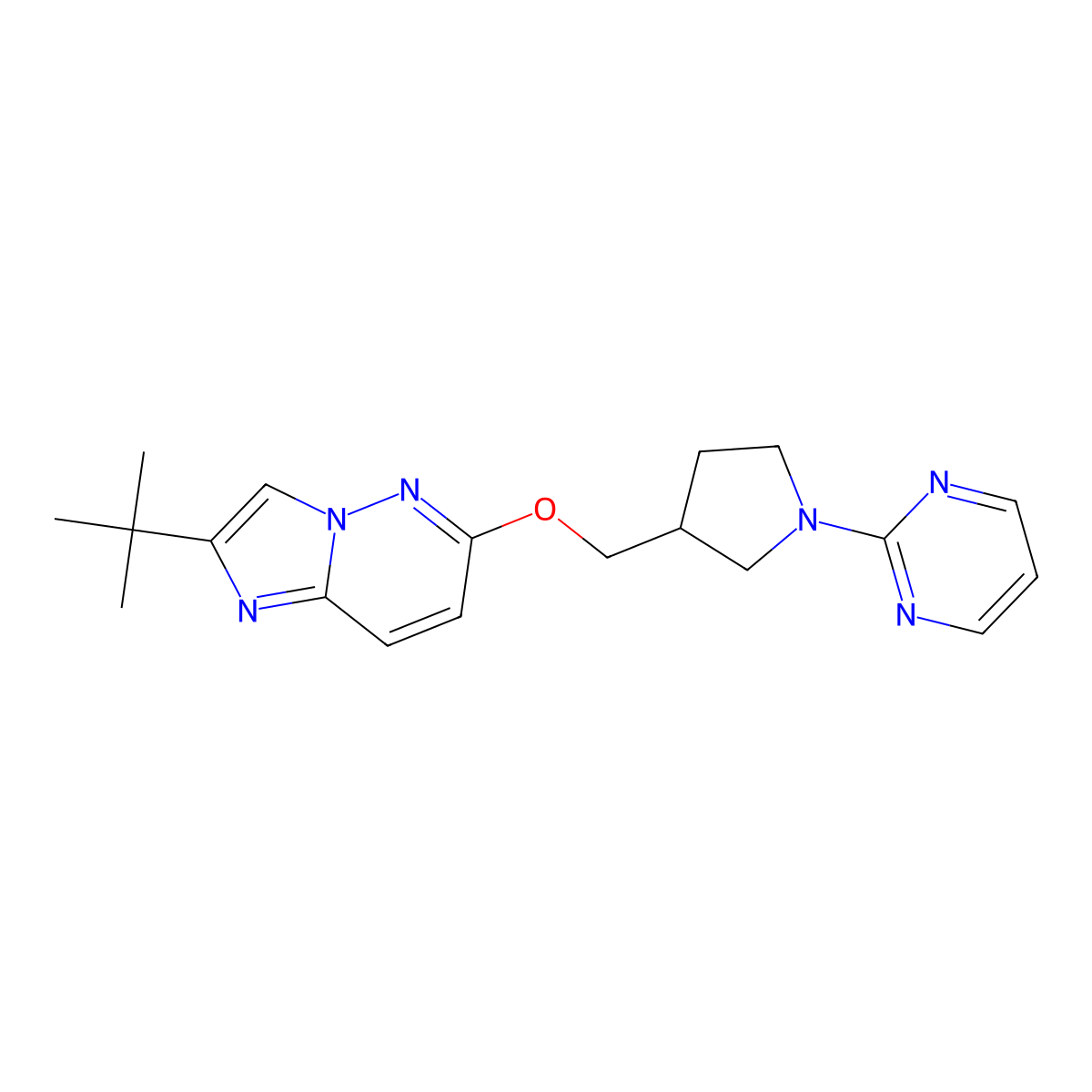 2-{3-[({2-Tert-butylimidazo[1,2-b]pyridazin-6-yl}oxy)methyl]pyrrolidin-1-yl}pyrimidine molecular structure, CAS 2742028-16-4