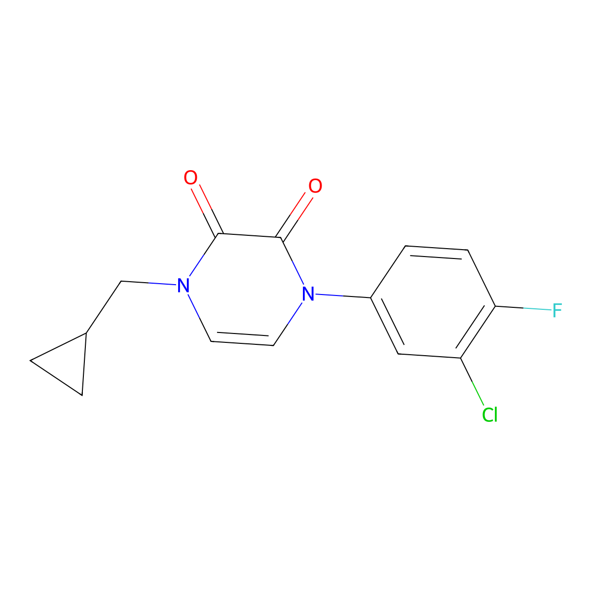 1-(3-Chloro-4-fluorophenyl)-4-(cyclopropylmethyl)-1,2,3,4-tetrahydropyrazine-2,3-dione molecular structure, CAS 2742028-17-5