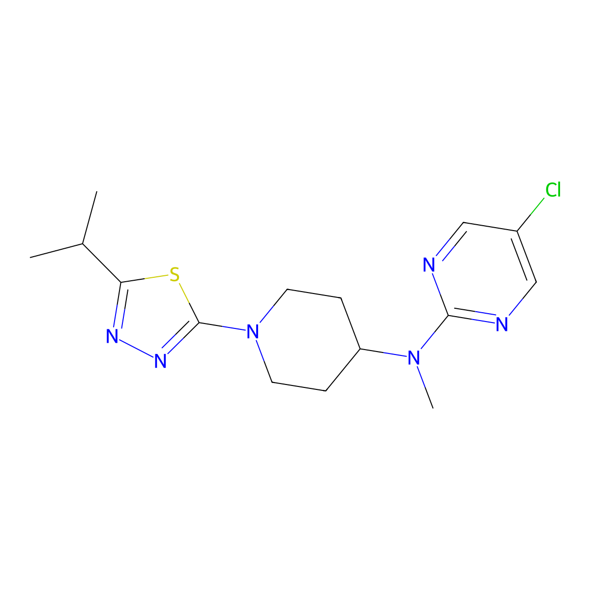 5-chloro-N-methyl-N-{1-[5-(propan-2-yl)-1,3,4-thiadiazol-2-yl]piperidin-4-yl}pyrimidin-2-amine molecular structure, CAS 2742028-25-5