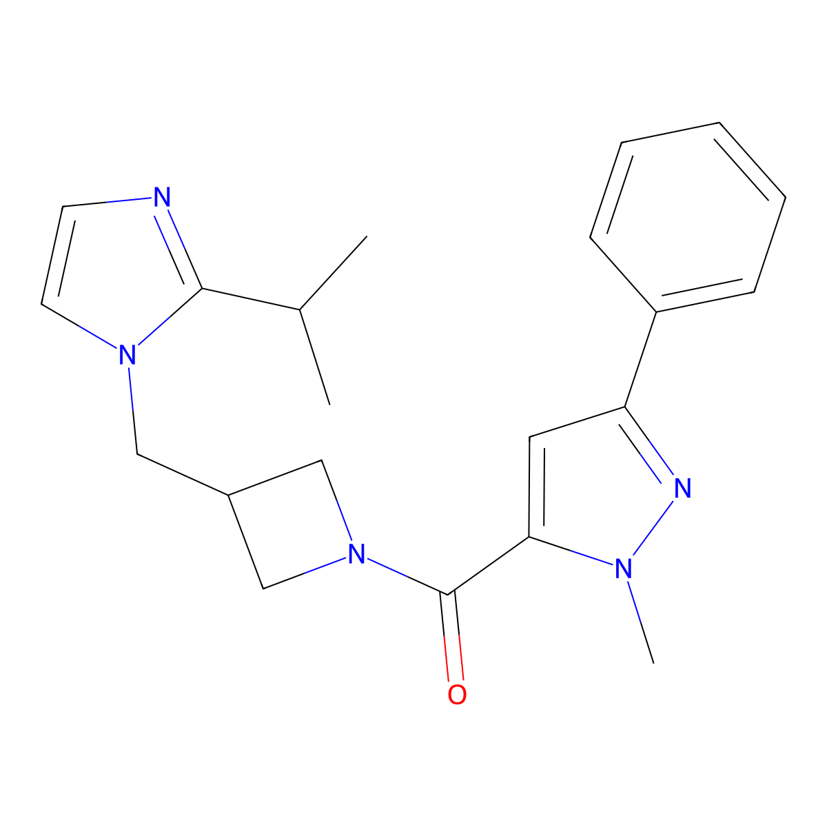 1-methyl-3-phenyl-5-(3-{[2-(propan-2-yl)-1H-imidazol-1-yl]methyl}azetidine-1-carbonyl)-1H-pyrazole molecular structure, CAS 2742028-27-7
