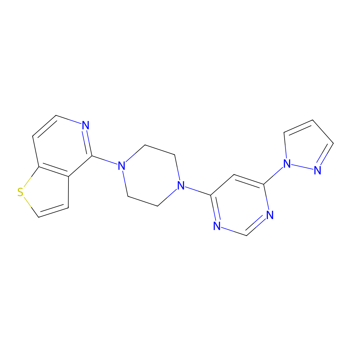 4-(1H-pyrazol-1-yl)-6-(4-{thieno[3,2-c]pyridin-4-yl}piperazin-1-yl)pyrimidine molecular structure, CAS 2742028-29-9
