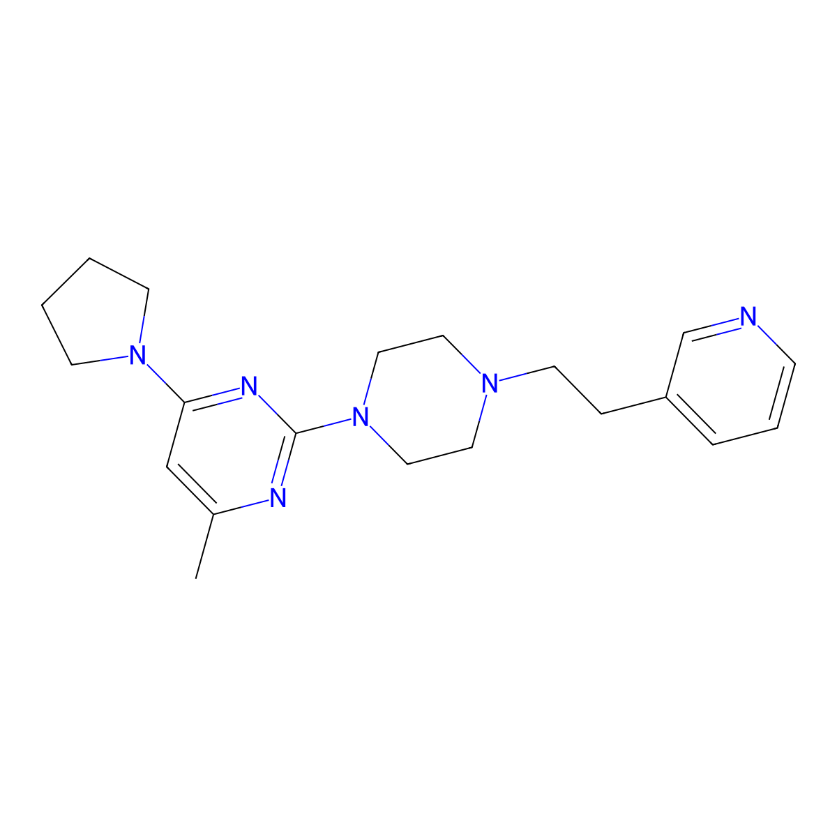 4-Methyl-2-{4-[2-(pyridin-3-yl)ethyl]piperazin-1-yl}-6-(pyrrolidin-1-yl)pyrimidine molecular structure, CAS 2742028-32-4