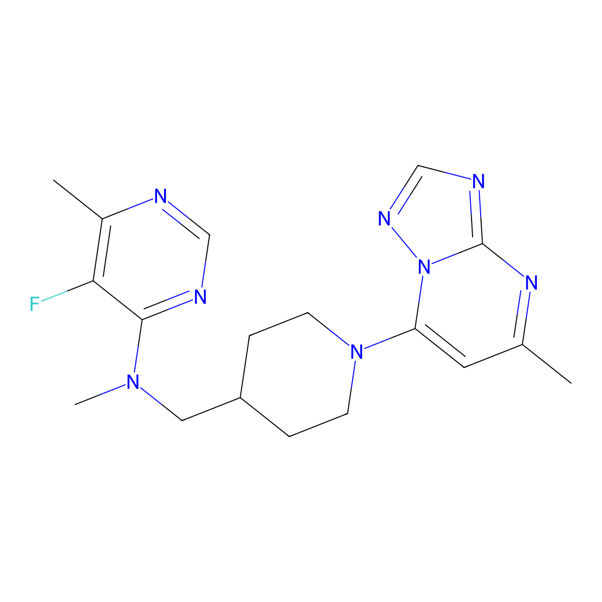 5-fluoro-N,6-dimethyl-N-[(1-{5-methyl-[1,2,4]triazolo[1,5-a]pyrimidin-7-yl}piperidin-4-yl)methyl]pyrimidin-4-amine molecular structure, CAS 2742028-33-5