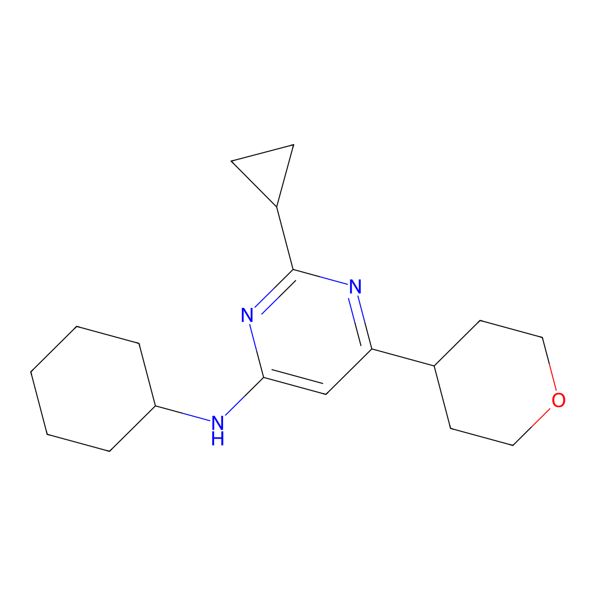 N-cyclohexyl-2-cyclopropyl-6-(oxan-4-yl)pyrimidin-4-amine molecular structure, CAS 2742028-35-7